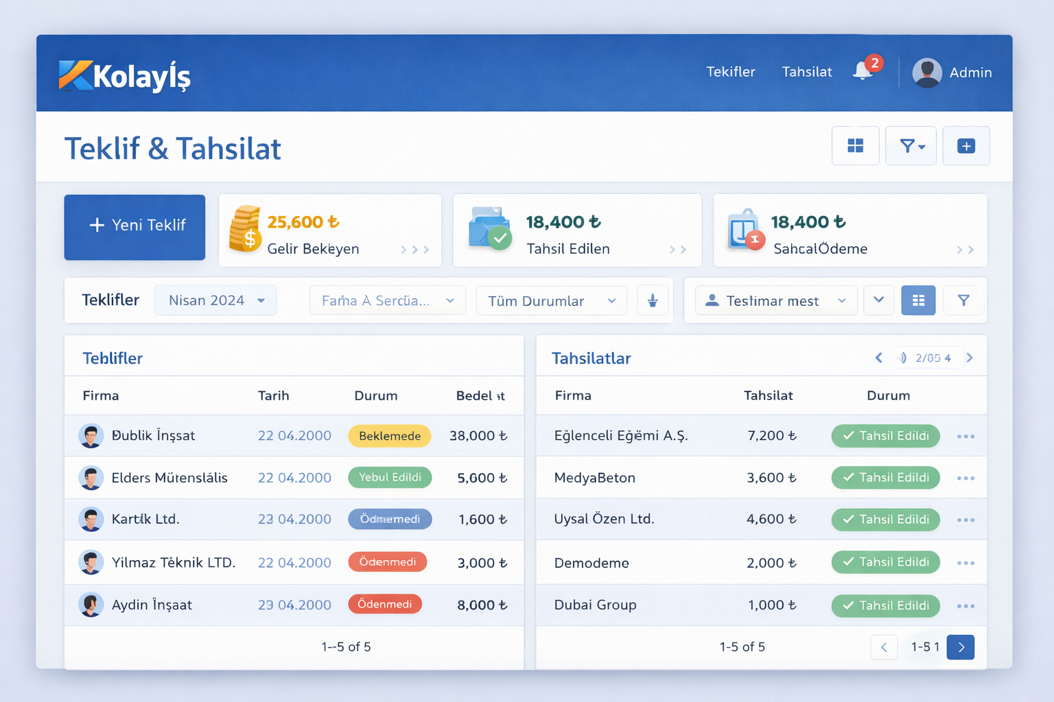 Kolayİş teklif ve tahsilat paneli ekran görüntüsü